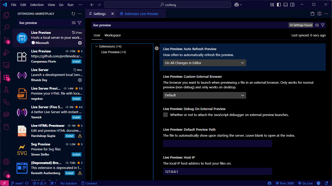 VS Code Live Preview settings