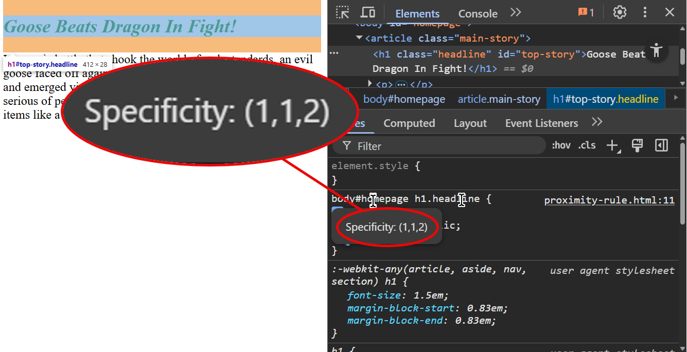 CSS Specificity weights in Chrome DevTools